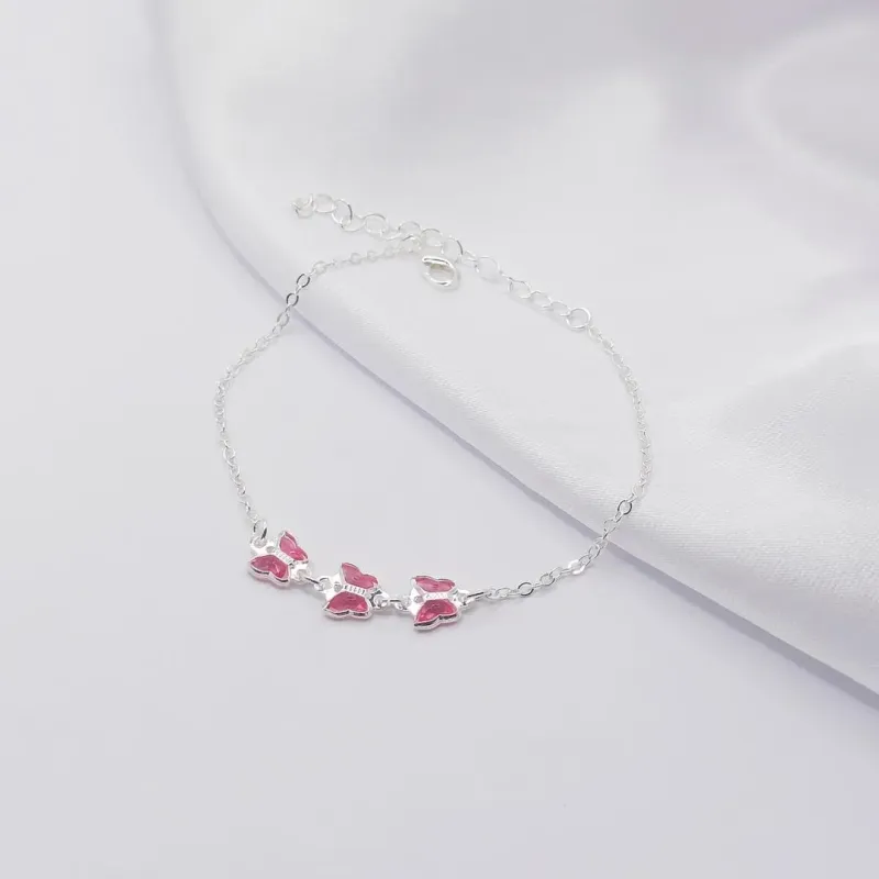 PULSEIRA PRATA COM TRÊS BORBOLETAS EM ZIRCÔNIA ROSA