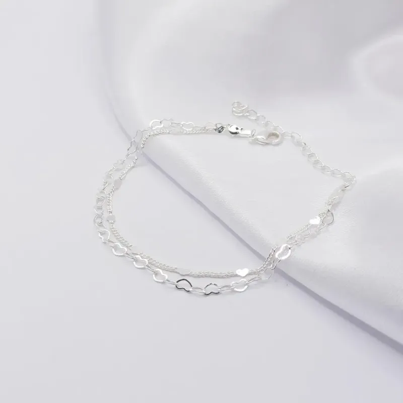 PULSEIRA PRATA DUPLA COM ELO DE CORAÇÃO E MINI CORAÇÃO CHAPA