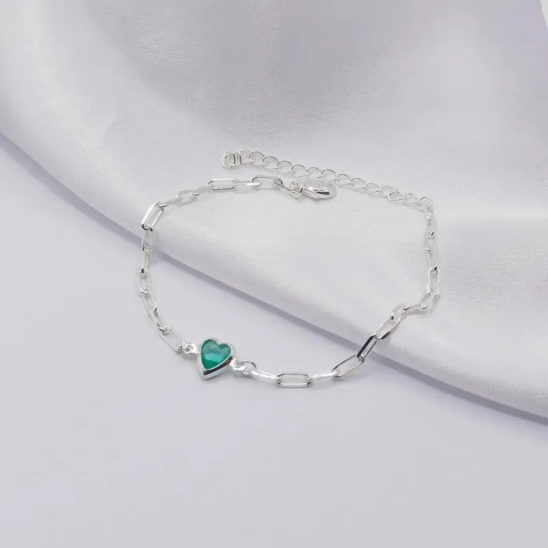 PULSEIRA PRATA ELO CARTIER COM CORAÇÃO VERDE ÁGUA