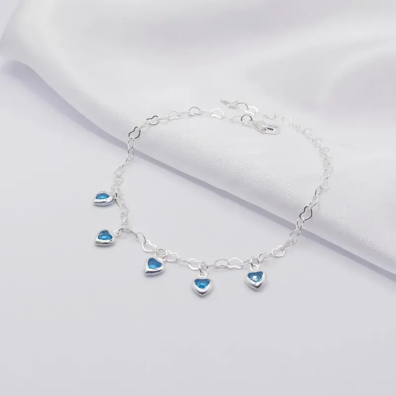 PULSEIRA PRATA ELO DE CORAÇÃO COM PENDURICALHO CORAÇÃO AZUL