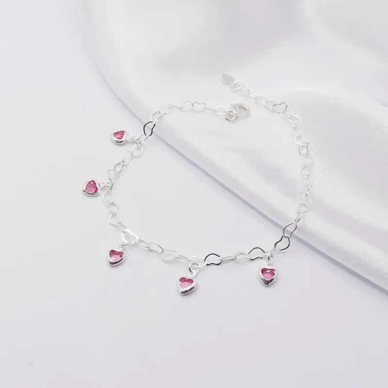 PULSEIRA PRATA ELO DE CORAÇÃO COM PENDURICALHO CORAÇÃO ROSA
