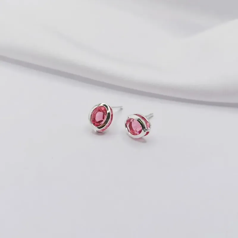 BRINCO PRATA PONTO DE LUZ OVAL ROSA