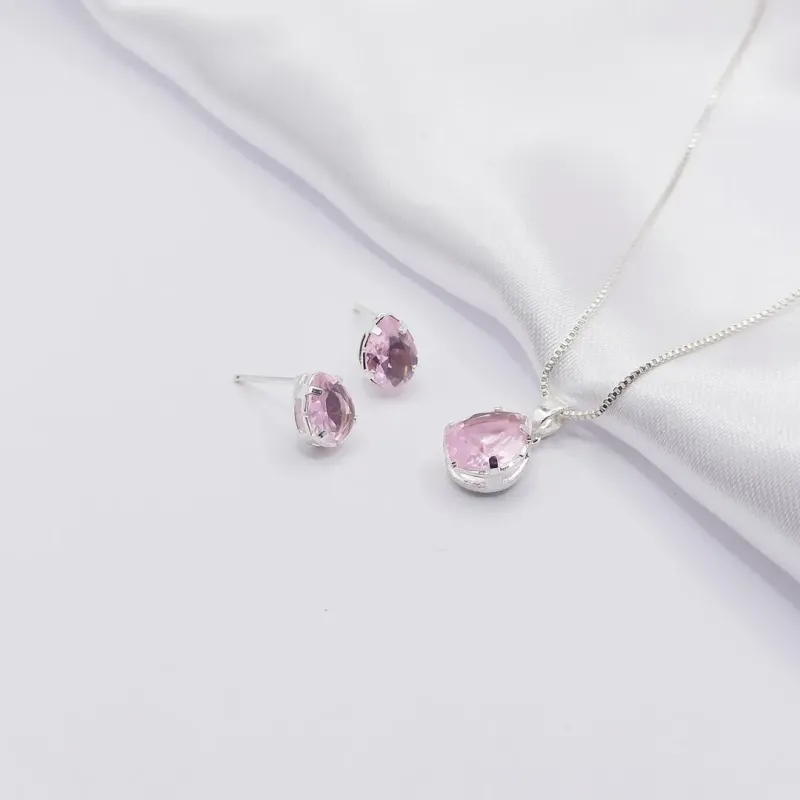 CONJUNTO PRATA GOTA ROSA 45CM