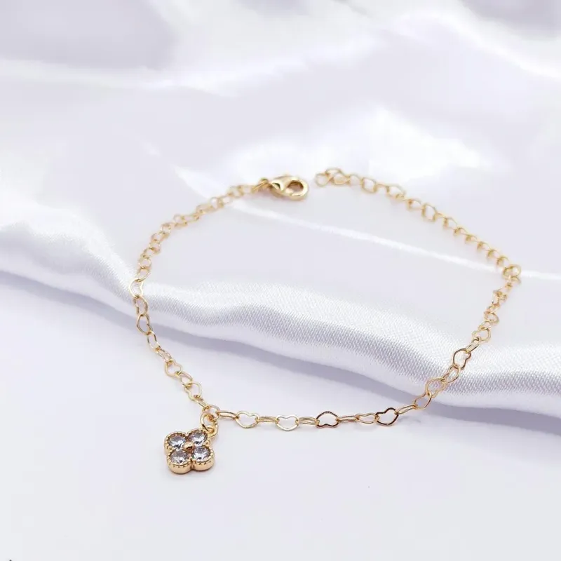 PULSEIRA DOURADA ELO DE CORAÇÃO COM PINGENTE FLORZINHA