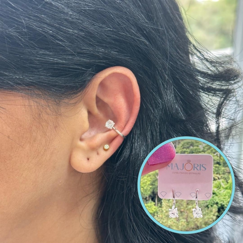 Brinco Prata Par Piercing Fake Zircônia