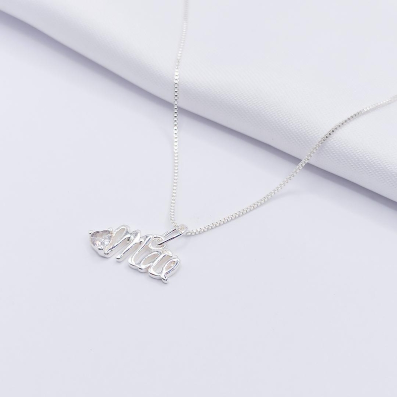 GARGANTILHA PRATA MÃE COM PONTO DE LUZ 45CM