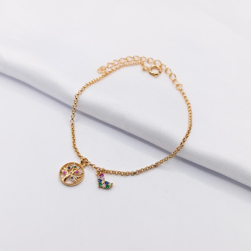 PULSEIRA DOURADA ELO PORTUGUÊS COM ÁRVORE DA VIDA E CORAÇÃO