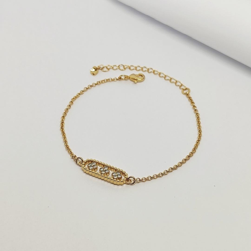 PULSEIRA DOURADA ELO PORTUGUÊS COM FLORZINHA EM ZIRCÔNIA