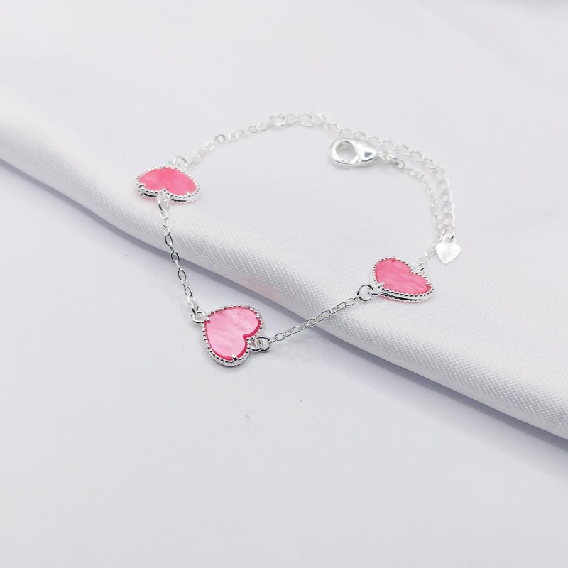 PULSEIRA PRATA CORAÇÃO MADREPÉROLA ROSA
