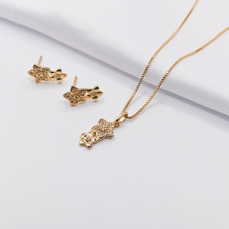 CONJUNTO DOURADO FLOR DUPLA CRAVEJADA