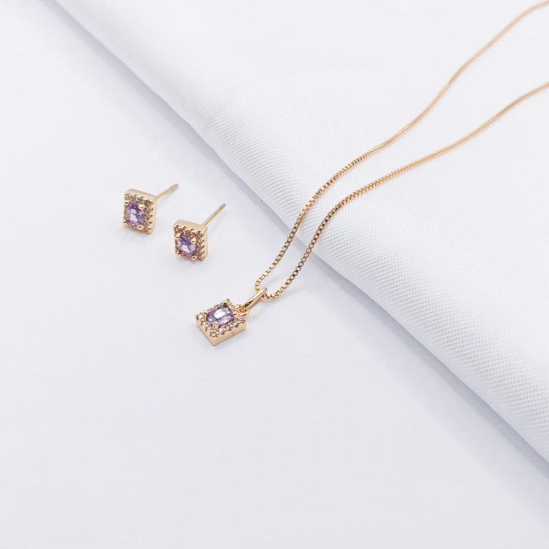 CONJUNTO DOURADO ZIRCÔNIA AMETISTA COM BORDA CRAVEJADA 45CM