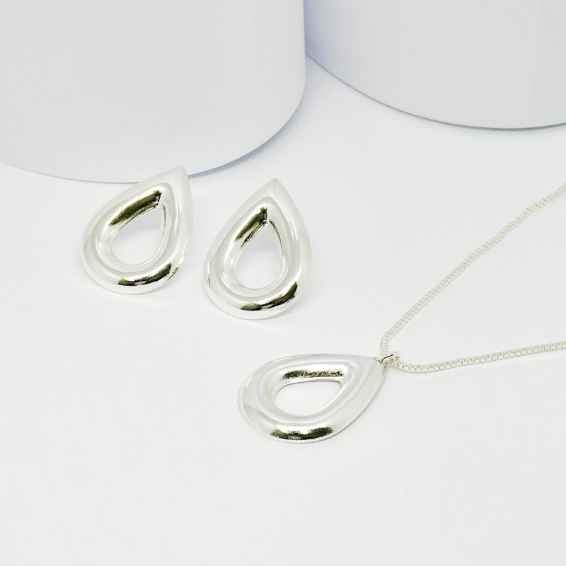 CONJUNTO PRATA GOTA VAZADA E LISA 45CM