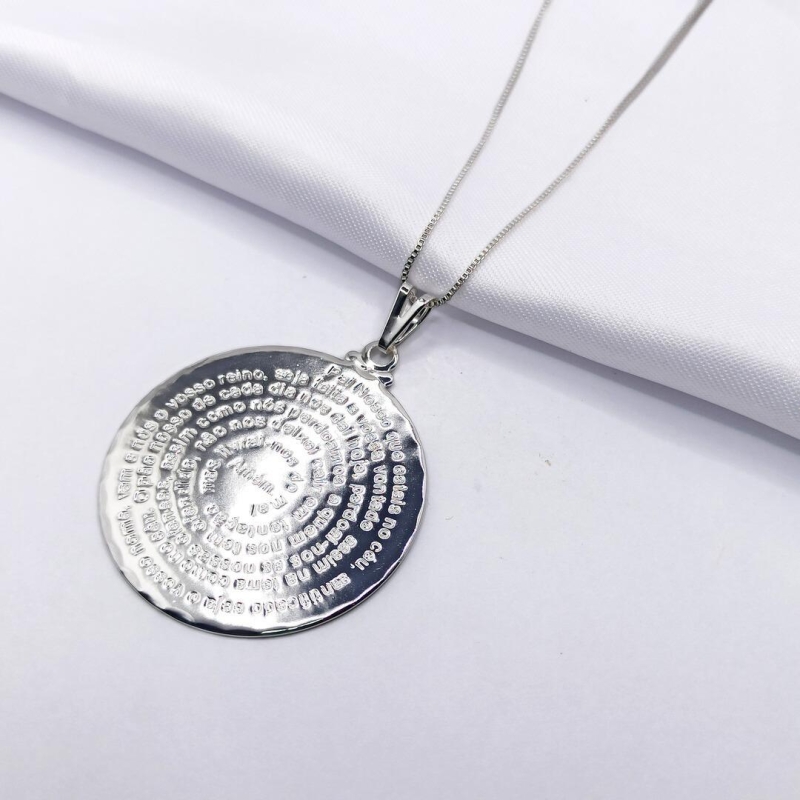 GARGANTILHA PRATA MEDALHA ORAÇÃO PAI NOSSO 45CM