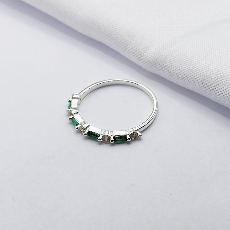 ANEL PRATA BAGUETE VERDE E ZIRCÔNIA CRISTAL