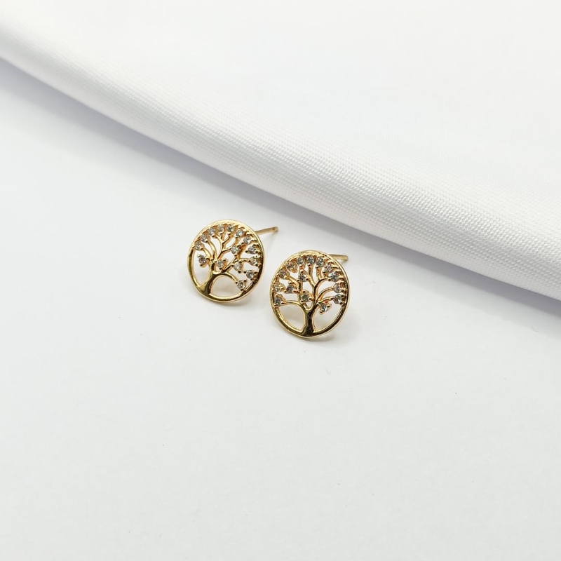 BRINCO DOURADO ÁRVORE DA VIDA DETALHADA EM ZIRCÔNIA