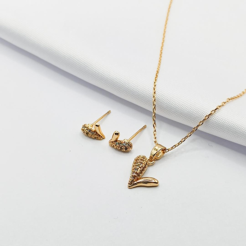 CONJUNTO DOURADO CORAÇÃO IRREGULAR MEIO LISO E CRAVEJADO 45CM
