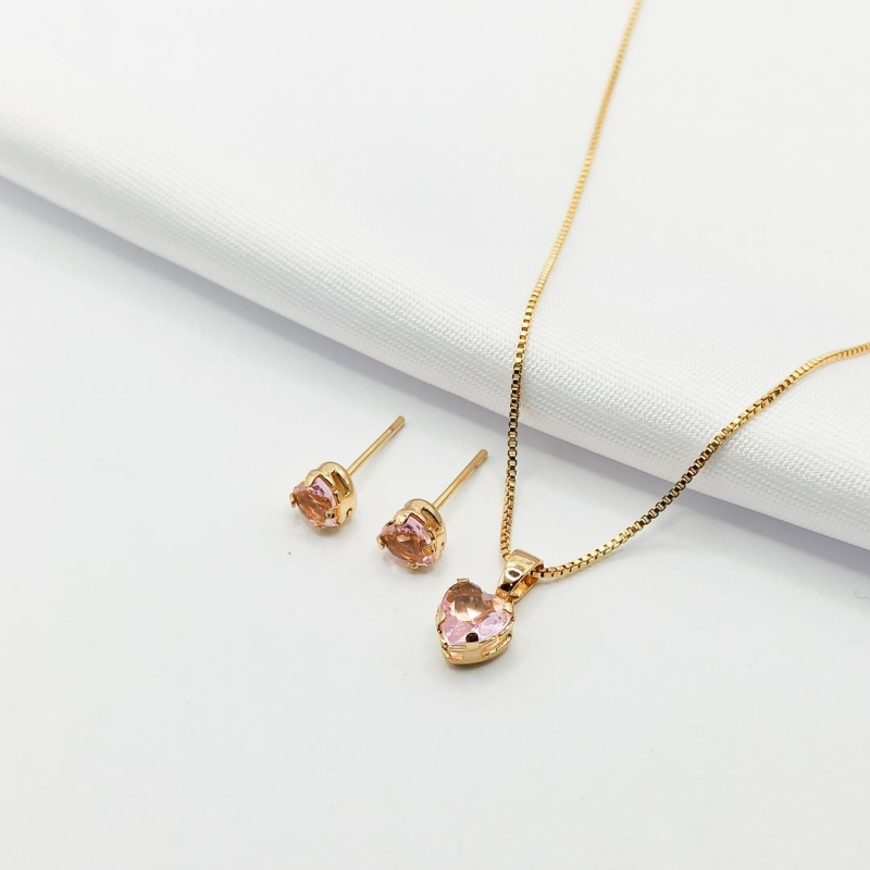 CONJUNTO DOURADO CORAÇÃO ROSA 45CM