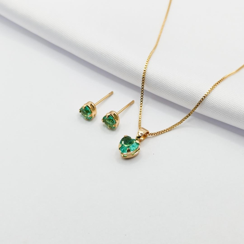 CONJUNTO DOURADO CORAÇÃO VERDE ÁGUA 45CM