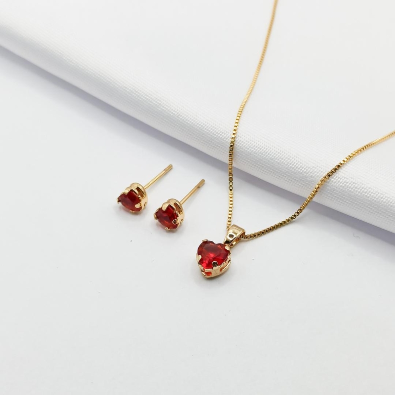 CONJUNTO DOURADO CORAÇÃO VERMELHO 45CM
