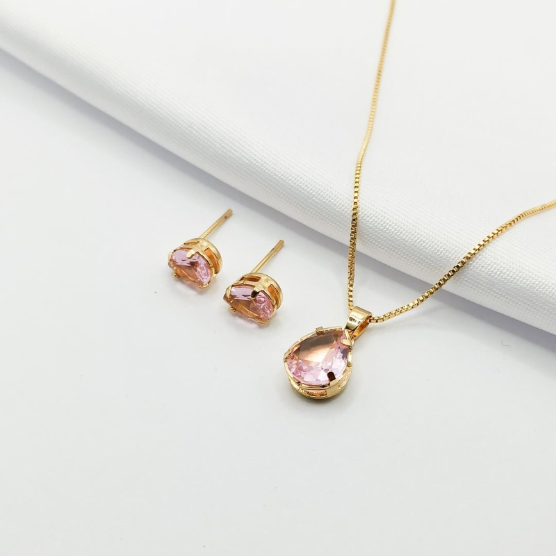 CONJUNTO DOURADO GOTA ROSA 45CM