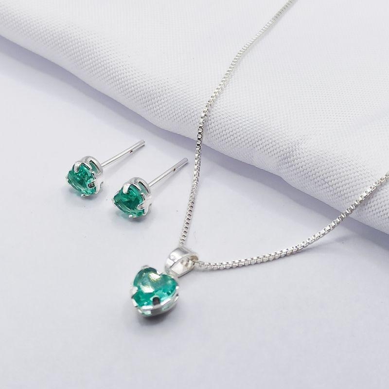 CONJUNTO PRATA CORAÇÃO VERDE ÁGUA 45CM