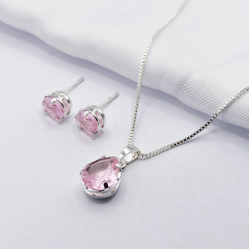 CONJUNTO PRATA GOTA ROSA 45CM