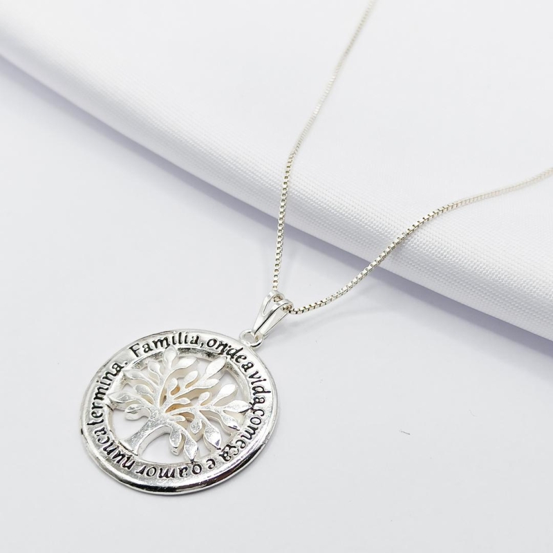 GARGANTILHA PRATA MEDALHA FAMÍLIA COM ÁRVORE DA VIDA 45CM