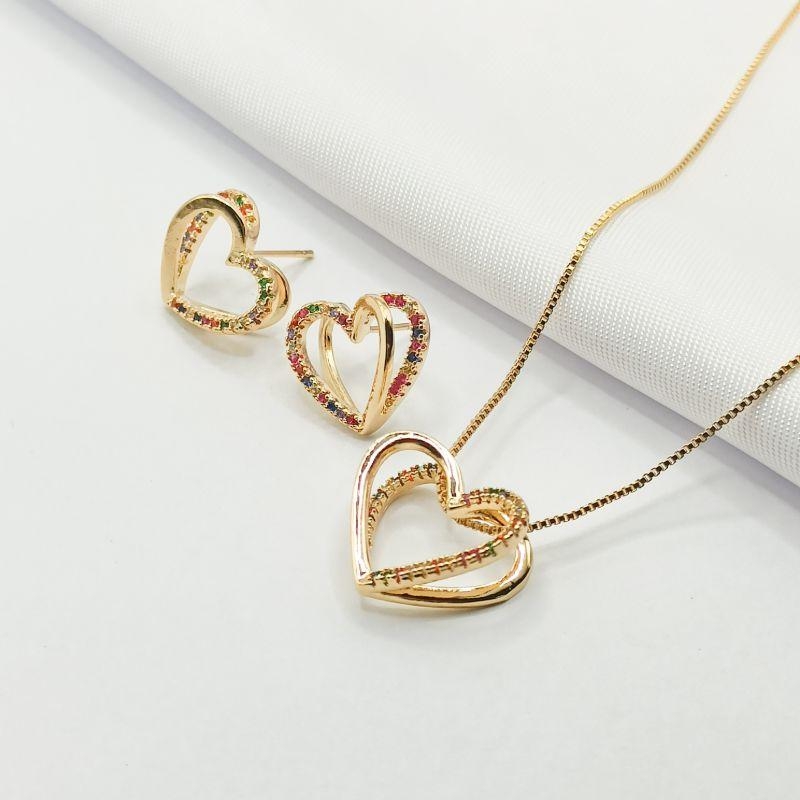 CONJUNTO DOURADO CORAÇÃO ABERTO ZIRCÔNIA COLORIDA 45CM