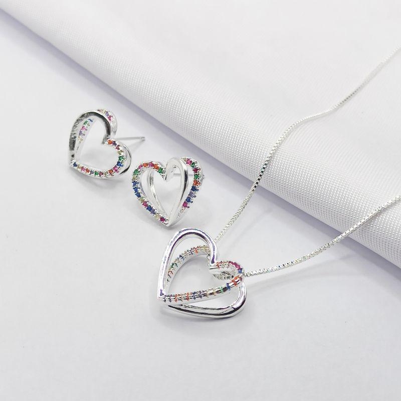 CONJUNTO PRATA CORAÇÃO ABERTO ZIRCÔNIA COLORIDA 45CM