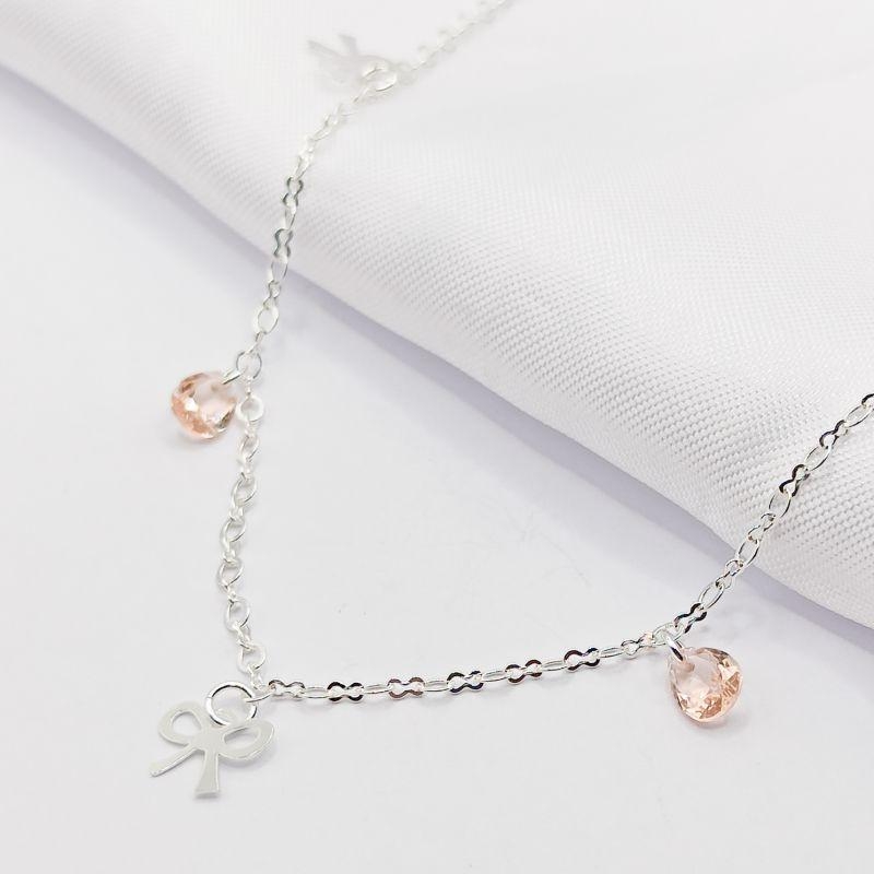 GARGANTILHA PRATA CHOKER LAÇO E PONTO DE LUZ ROSA 40CM
