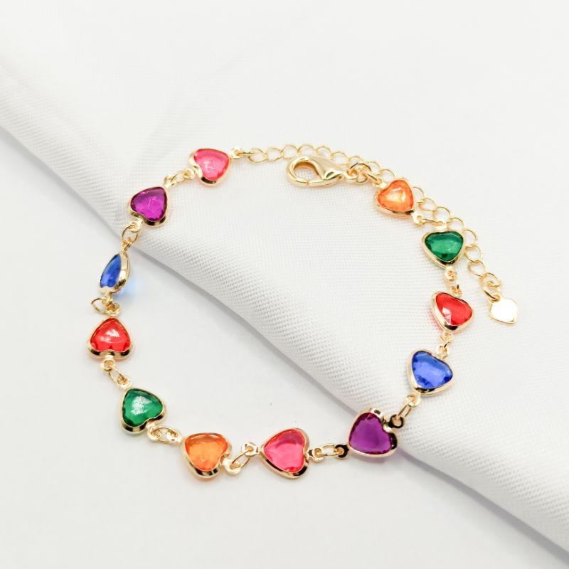 PULSEIRA DOURADA CORAÇÕES COLORIDOS