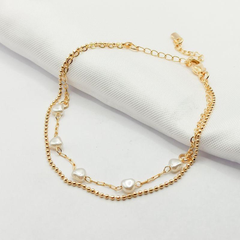 PULSEIRA DOURADA DUPLA BOLINHA E PÉROLA CORAÇÃO