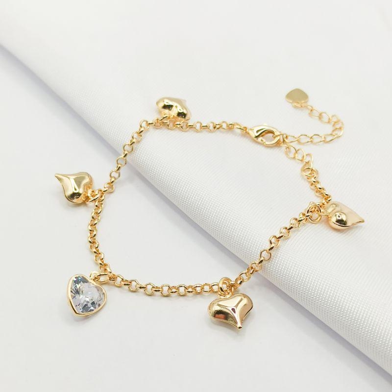 PULSEIRA DOURADA ELO PORTUGUÊS CORAÇÕES