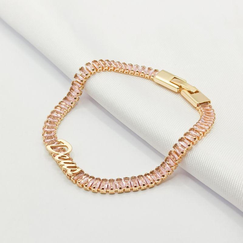 PULSEIRA DOURADA RIVIERA BAGUETE ROSA DEUS
