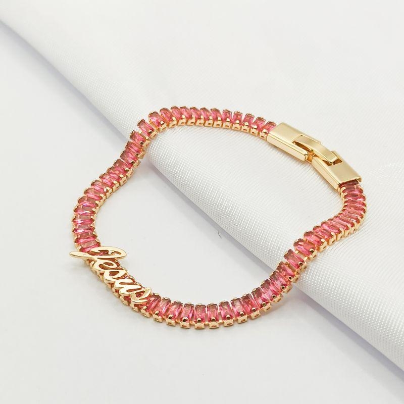 PULSEIRA DOURADA RIVIERA BAGUETE PINK JESUS