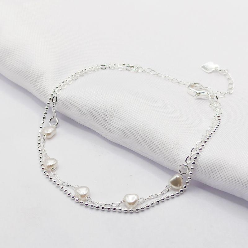 PULSEIRA PRATA DUPLA BOLINHA E PÉROLA CORAÇÃO