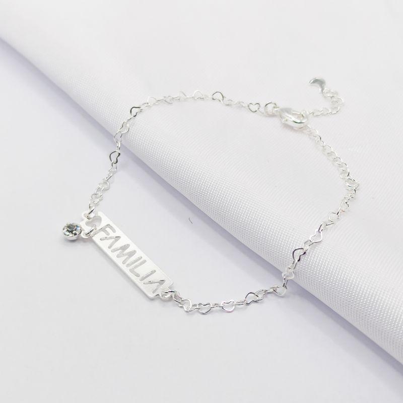 PULSEIRA PRATA ELO CORAÇÃO PLAQUINHA FAMÍLIA