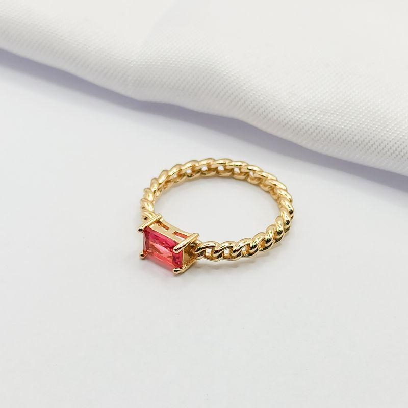 ANEL DOURADO ARO CORRENTE CRISTAL BAGUETE ROSA