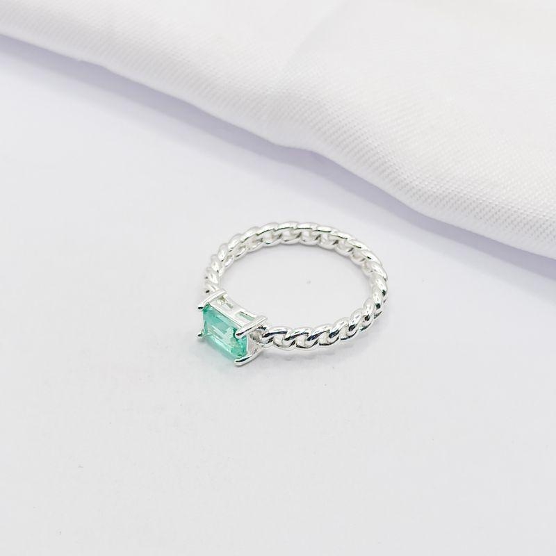 ANEL PRATA ELO CORRENTE CRISTAL BAGUETE VERDE ÁGUA