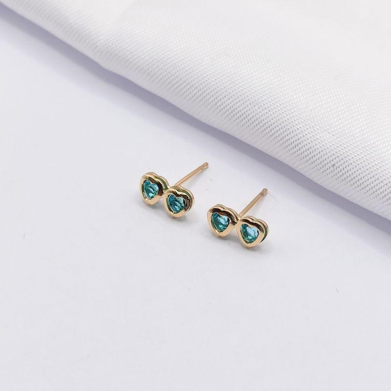 BRINCO DOURADO CORAÇÃO DUPLO AZUL