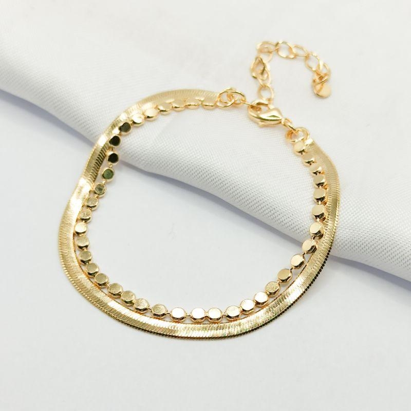 PULSEIRA DOURADA DUPLA MALHA FITA E BOLINHA