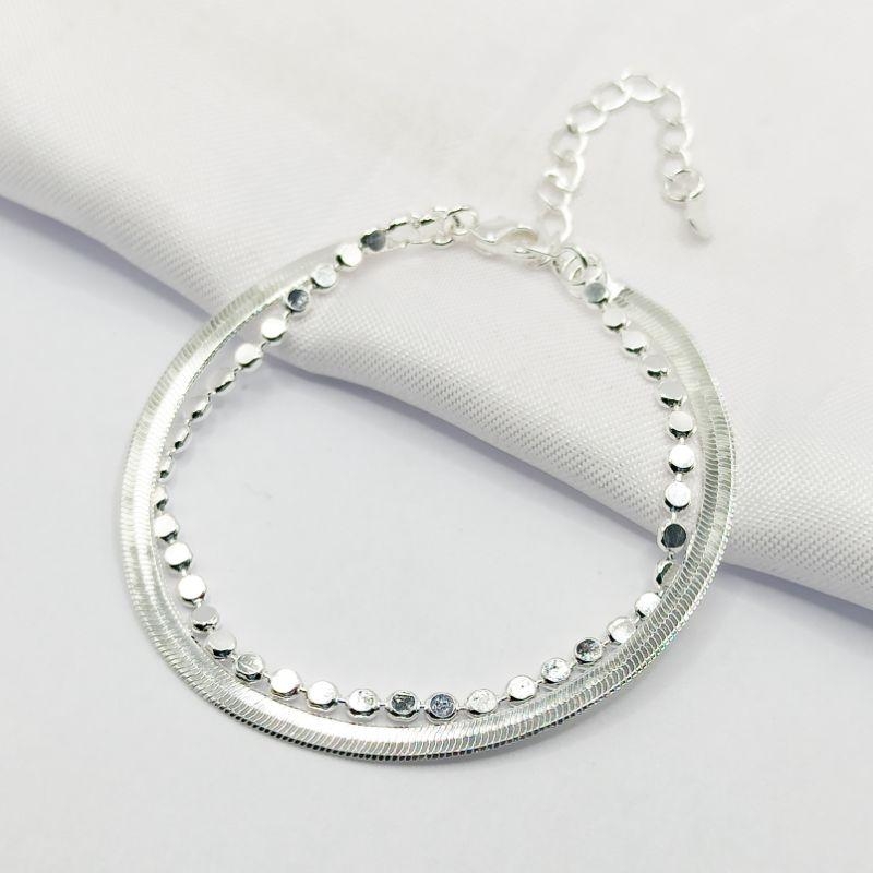 PULSEIRA PRATA DUPLA MALHA FITA E BOLINHA