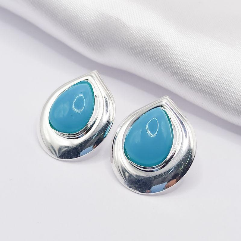BRINCO PRATA PEDRA NATURAL AZUL TURQUESA COM BASE LISA