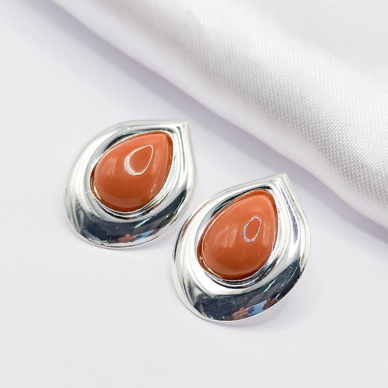 BRINCO PRATA PEDRA NATURAL TERRACOTA COM BASE LISA