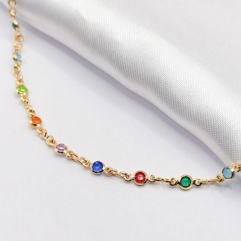 GARGANTILHA DOURADA CHOKER BEZEL COLORIDO 35CM