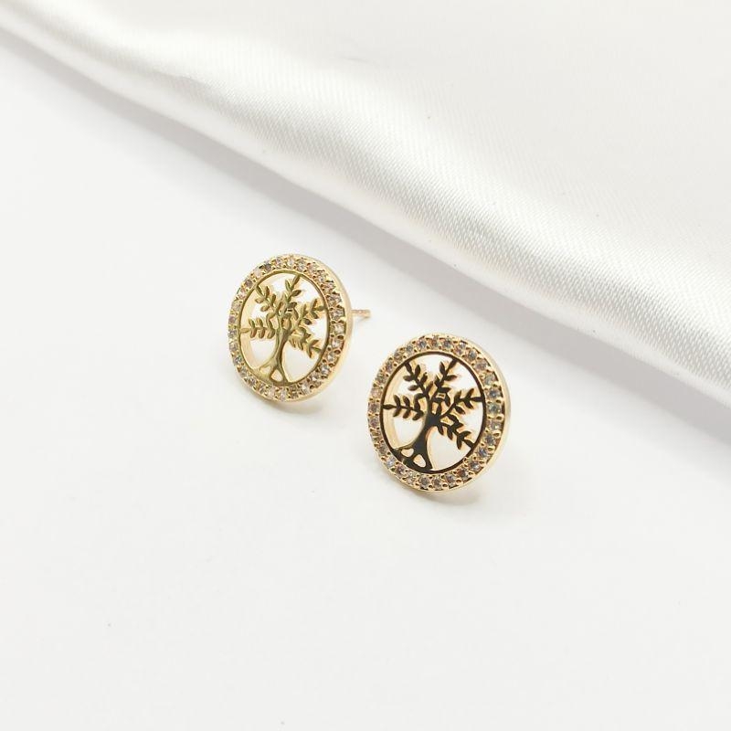 BRINCO DOURADO ARO CRAVEJADO COM ÁRVORE LISA