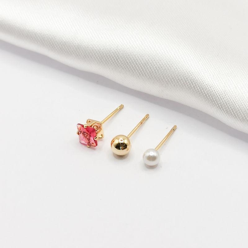 BRINCO DOURADO TRIO CARRÊ PINK BOLINHA E PÉROLA