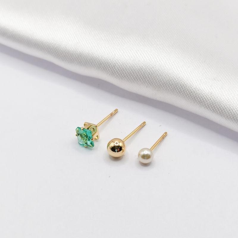 BRINCO DOURADO TRIO CARRÊ VERDE BOLINHA E PÉROLA