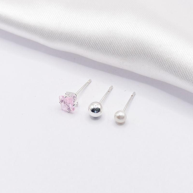 BRINCO PRATA TRIO CARRÊ ROSA BOLINHA E PÉROLA