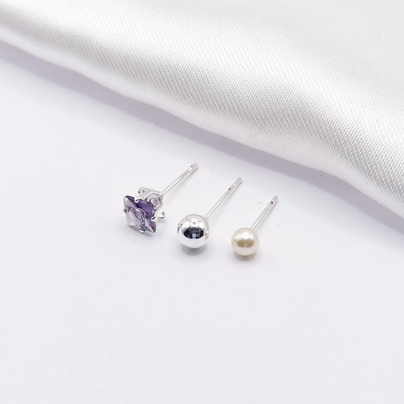 BRINCO PRATA TRIO CARRÊ ROXA BOLINHA E PÉROLA